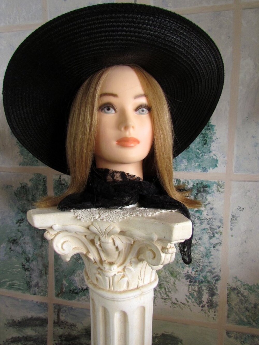 BLACK WIDE BRIMMED HAT, ROMANTIC HEROINE PORTRAIT STORYBOOK MYSTERIOUS VINTAGE